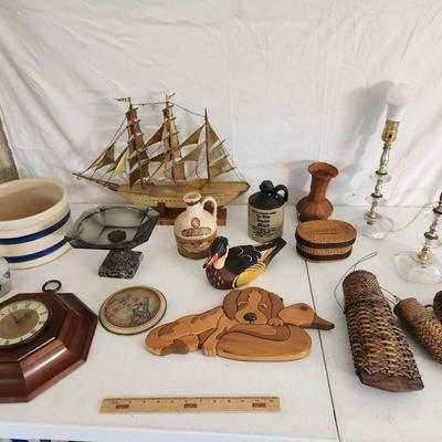 17pc Vintage Home Decor & Collectibles - Model Ship, Ceramic Liquor Bottles, Baskets, Decoy+