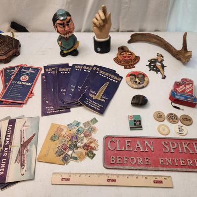 20+pc Vintage Collectibles, Stamps, Ephemera - Airline Ticketholders, Confederate Bobblehead