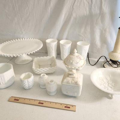 13pc Vintage Milk Glass - Lamp Base, Cake Plate, Cups, Planter, Candy Dish