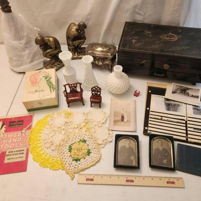 19+pc Vintage Collectibles, Decor, Photographs - Jewelry Box, Enamel Boxes, Lady Norelco, Milk Glass