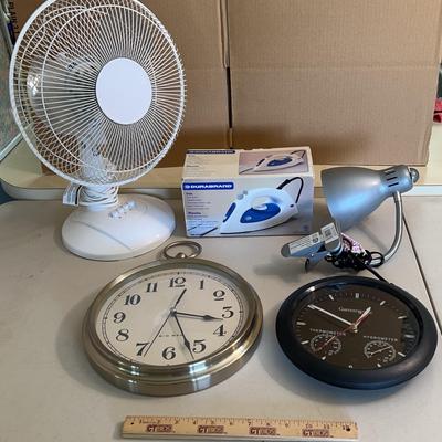 GarrettWade & Big Ben Wall Clocks, Desk Clip On Lamp, Durabrand Iron + Desk Fan