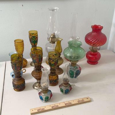 Vintage Colorful Oil Lamp Lot - Amber, Clear, & Red Lamps 