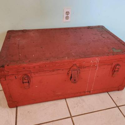 Antique Red Painted Footlocker/Storage Chest - 34x21x11"