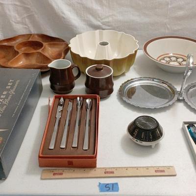 Vintage Kitchen -Mid-century Federal Glasses, Wood Tray, Ice Pick, Japan Utensils++