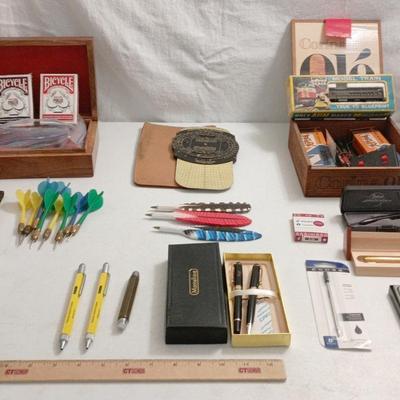 Vintage Men's Lot - Train, Darts, Pens, Poker Chips, Dead Reckoning Chart++