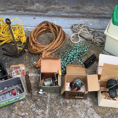 Vintage Fishing Lot - Anchor, Ropes, Reels, Hooks & Weights 