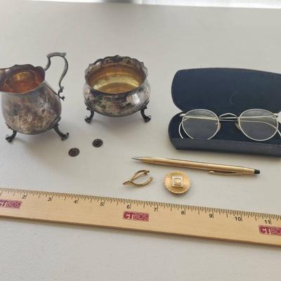 Sterling Silver & Gold Filled Items - 203g Sterling, Cross Pen, Eyeglasses, Pins