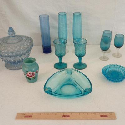 Vintage Blue Colored Glass - Cups, Candy Dish, Ashtray, Vase+++