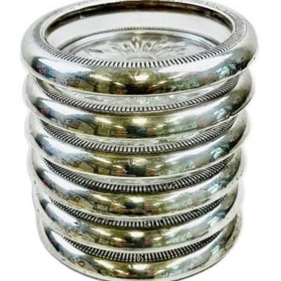 Sale Photo Thumbnail #11: Sterling Silver & American Glass Coasters - Signed "Crown Sterling" - Set Of Six 3.75 Round