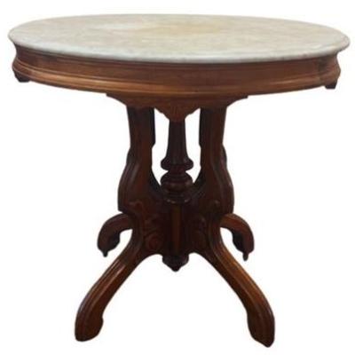 Sale Photo Thumbnail #50: Carved Walnut Pedestal Base Table With Marble Top & Original Brass Casters