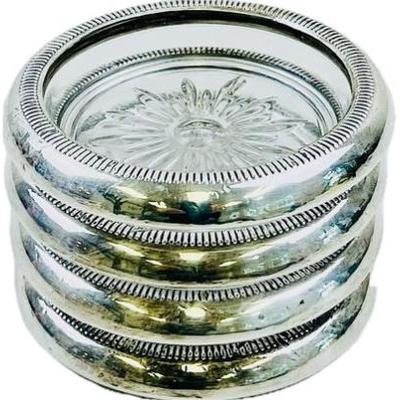 Sale Photo Thumbnail #12: Sterling Silver & American Glass Coasters - Signed "Crown Sterling" - Set Of Four - 3.75 Round