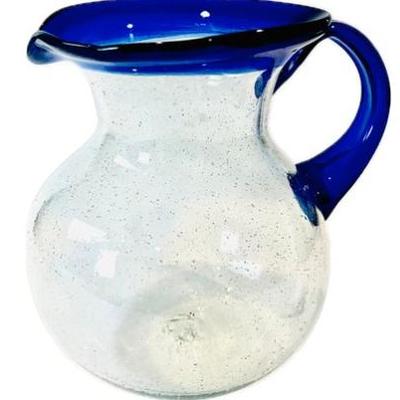 Sale Photo Thumbnail #144: Hand Blown Mexican Bubble Glass Pitcher With Cobalt Trim & Pontal Mark On Base