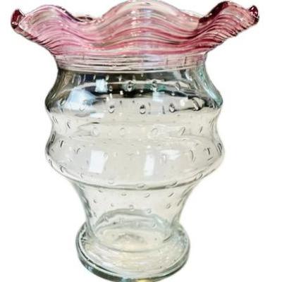 Sale Photo Thumbnail #9: Hand Blown Art Glass Ruffle Edge Vase - Pontil Mark On Base