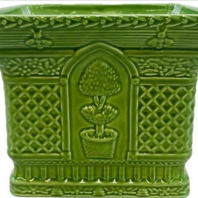 Sale Photo Thumbnail #189: Green Ceramic Cache Pot - Trellis & Topiary Design