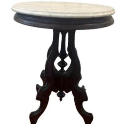 Sale Photo Thumbnail #49: Carved Walnut Pedestal Base Table With Beveled Marble Top & Original Brass Casters