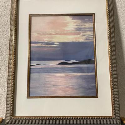 Framed Seascape Print with Sunset and Island View