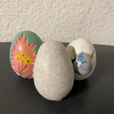 Three Painted and Natural Decorative Egg Ornaments