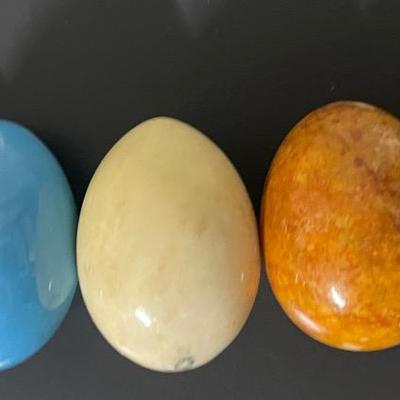 Five Polished Stone Egg Ornaments in Varied Colors