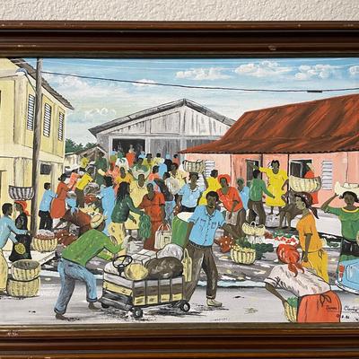 Framed Oil Painting by James Clarke Depicting Bustling Market Scene, Dated 1986
