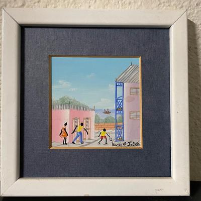 Framed Naïve Art Painting by Laurent J. Prélus Depicting Caribbean Scene