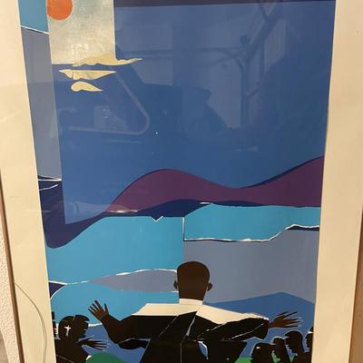 Framed Abstract Collage Artwork Depicting a Figure Among Group