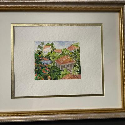 Framed Watercolor Painting of Tropical Landscape Signed by Artist