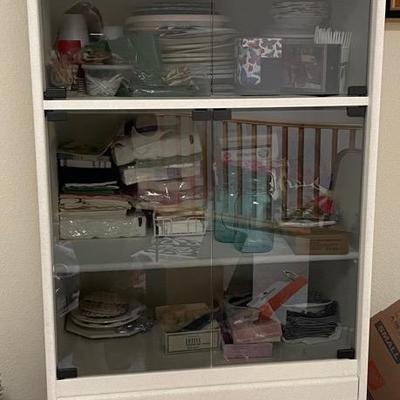 White Display Cabinet with Glass Doors and Lower Storage Drawers