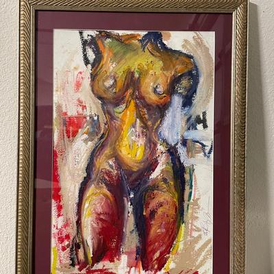 Framed Abstract Nude Painting in Mixed Media on Paper