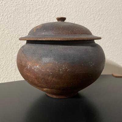 Stoneware Lidded Jar with Glazed Interior and Unfinished Base