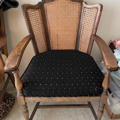 Wooden Armchair with Cane Backrest and Black Upholstered Seat