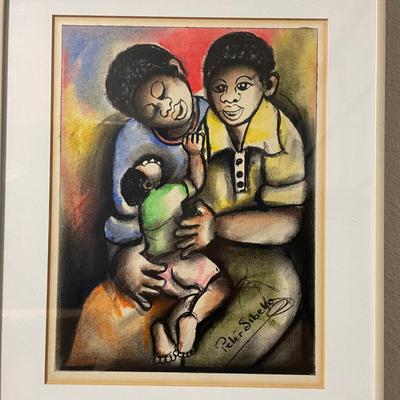 Framed Pastel Artwork Depicting Family Scene Signed by Artist