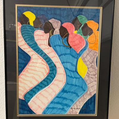 Framed 1991 Signed Artwork by Saint James, Depicting Multi-Colored Figures