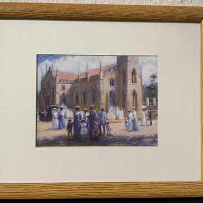 Framed Print of Church Scene with Figures, Signed ‘Canty’