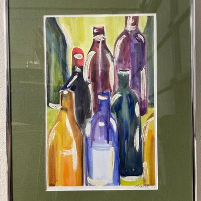 Framed Watercolor Painting of Glass Bottles by Rhonel, 2004
