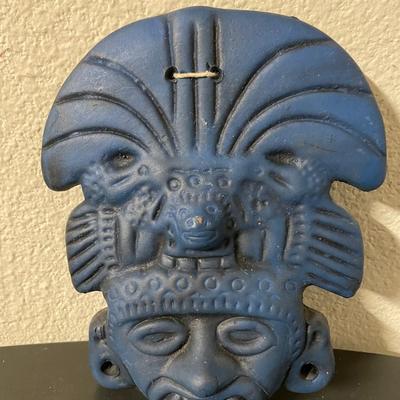 Blue Clay Wall Mask with Aztec-Style Motif