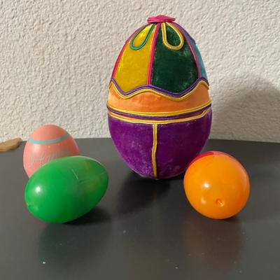 Decorative Fabric-Covered Egg Box With Three Plastic Easter Eggs
