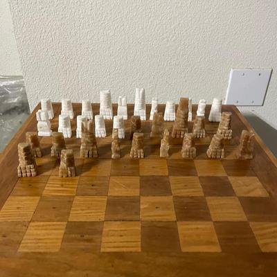 Carved Stone Chess Set with Wooden Chessboard Table
