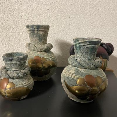 Three Ceramic Vases with Metallic Floral Motifs and One Dual-Handled Ceramic Vessel