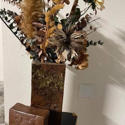 Media Ceramic Vase and Floral Arrangement with Complementary Cube Sculpture