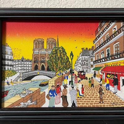 Framed Painting Depicting Parisian Street Scene with Notre Dame Cathedral