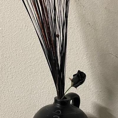 Black Ceramic Jug Vase with Handle and Decorative Sticks