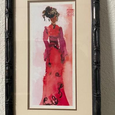 Framed Watercolor Painting of Woman in Red Dress with Asian Script Seal