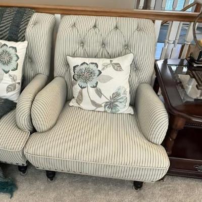 Sale Photo Thumbnail #6: Striped tufted accent chairs