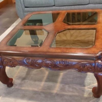 Ornate, Glass Top, Curved Leg Cocktail/Coffee Table 