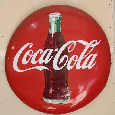 ORIGINAL Tin & Porcelain 1950s Button Coca-Cola Sign 4 FEET Across