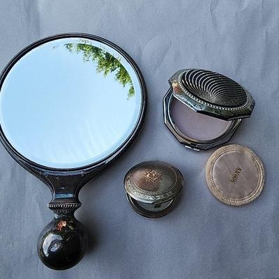 Sterling Hand Mirror/H. H. Ayer Compact-1930s/Nacon Compact Silver Black Art Deco 
