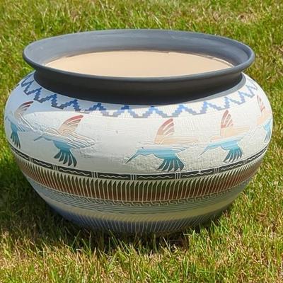 Navajo Pottery Planter w/Hummingbirds Signed By Artist 