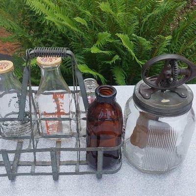 Antique Hand Crank Butter Churn & Milk Bottles 