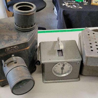 VINTAGE COIN COUNTER, POSTCARD VIEWER, AND PUNCH TIME CLOCK
