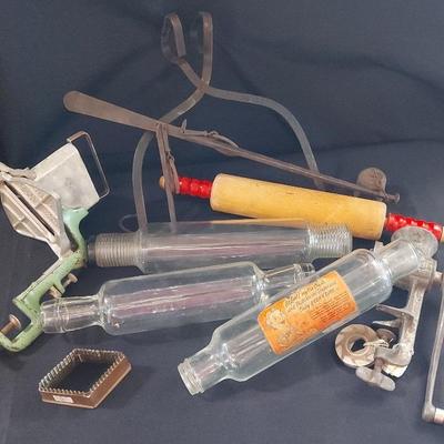 COLLECTIBLE GLASS ROLLING PINS. METAL KITCHEN TOOLS, AND MORE